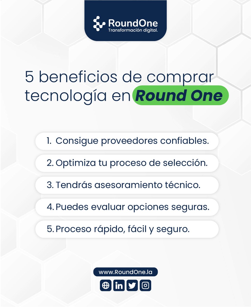 Somos la primera plataforma latinoamericana que permite conectar a proveedores con compradores de servicios de tecnología de manera fácil, rápida y a menor costo.

roundone.la
#transformaciondigital #software #serviciosdigitales #roundone #automatizacion