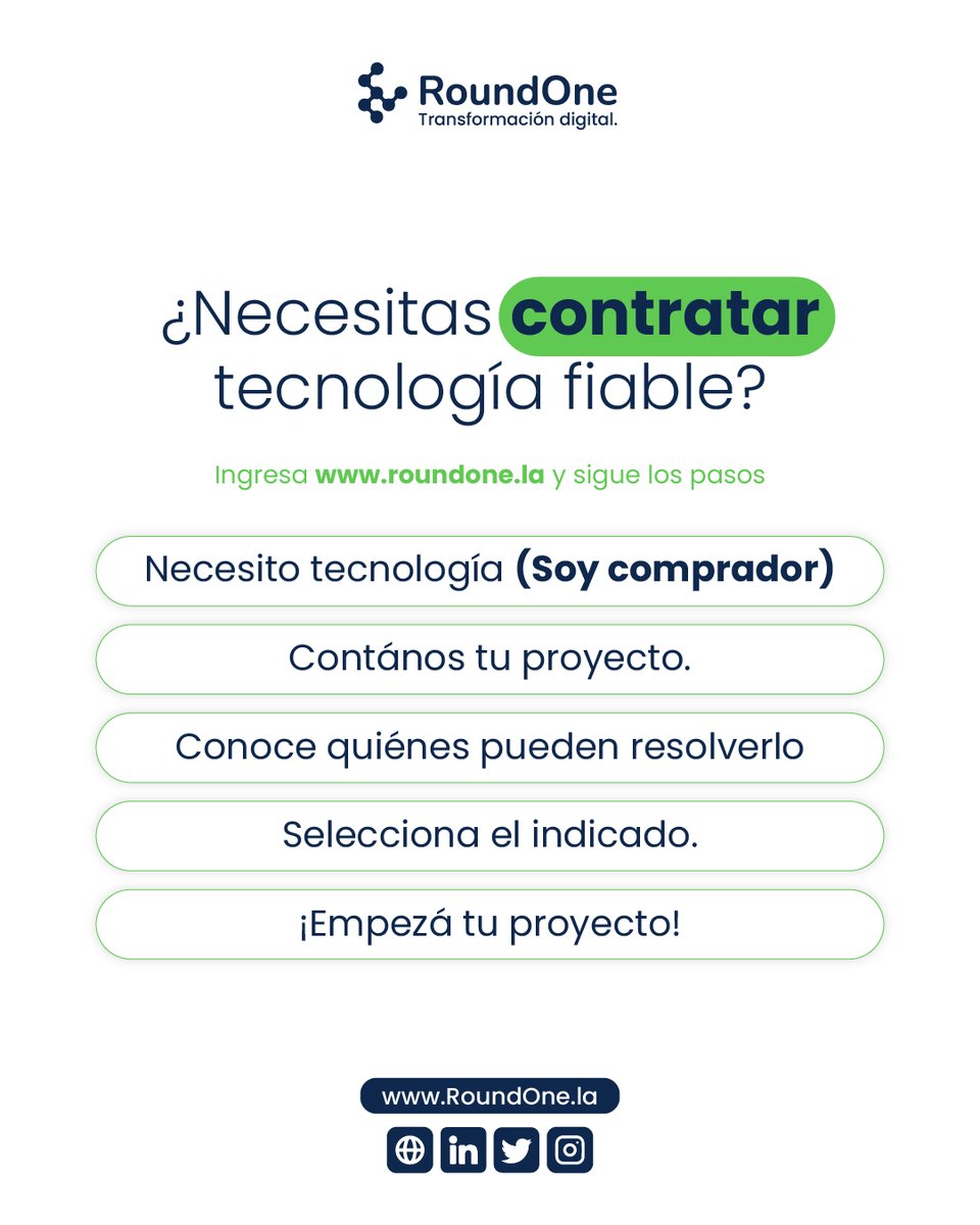Si estás buscando proveedores de Tecnología para tu negocio, o aliados para tu proyecto, desliza y descubre cómo es el proceso en Round One.

roundone.la
#transformaciondigital #software #serviciosdigitales #roundone #automatizacion
