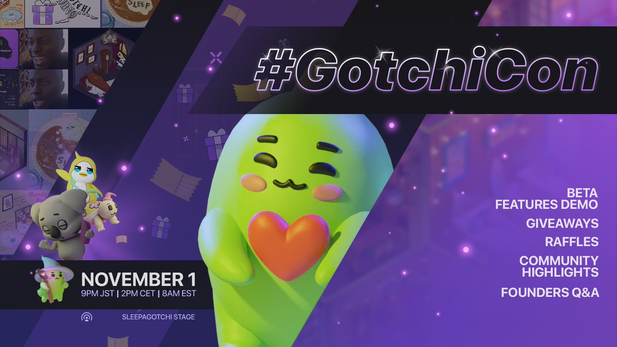 sleepagotchi's tweet photo. Let's celebrate Sleepagotchi together!💜
#GotchiCon 

November 1
9PM JST🇯🇵 I 2PM CET🇪🇺 I 8AM EST🇺🇸
Sleepagotchi Stage on Discord🎙 https://t.co/nVveVVKbKY