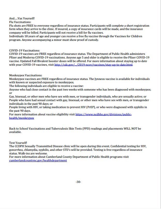 The Cumberland County Dept.of Public Health hosts a “Vax Your Pet, Vax Yourself” event Sat. Oct. 8th, from 10 a.m.- 2 p.m. at the Health Dept located at 1235 Ramsey St.  Masks are be required while inside of the building. See the attached NEWS RELEASE for more information.