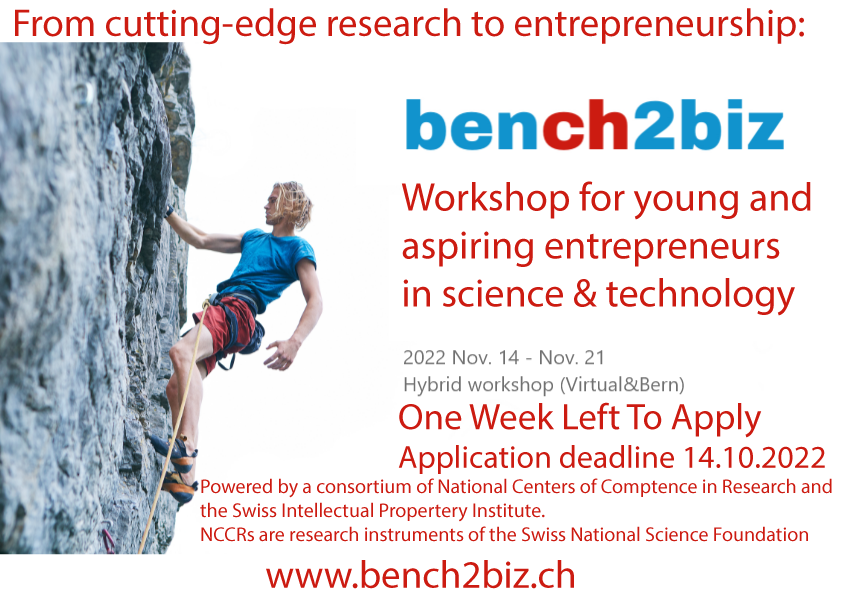 bench2biz (@bench2biz) on Twitter photo One week left to apply for the bench2biz workshop 2022 for aspiring entrepreneurs in science & technology. Please help spread the word.
bench2biz.ch
<a href="/startuptickerCH/">startupticker</a>
<a href="/snsf_ch/">Swiss National Science Foundation</a>
<a href="/ige_ipi/">ige . ipi</a>
<a href="/Innosuisse/">Innosuisse</a> One week left to apply for the bench2biz workshop 2022 for aspiring entrepreneurs in science & technology. Please help spread the word.
bench2biz.ch
<a href="/startuptickerCH/">startupticker</a>
<a href="/snsf_ch/">Swiss National Science Foundation</a>
<a href="/ige_ipi/">ige . ipi</a>
<a href="/Innosuisse/">Innosuisse</a>