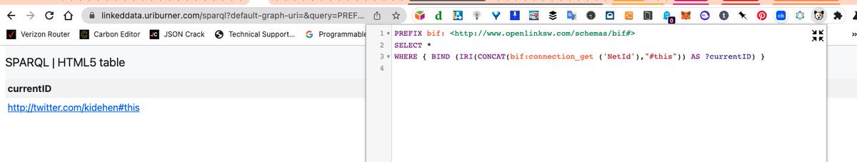 kidehen's tweet image. Now, if you seek a resolvable #HTTP-based #NetID or #WebID i.e., one that you can de-reference (lookup) for additional information, then its:

linkeddata.uriburner.com/sparql?default…

#SPARQL #VirtuosoRDBMS #GraphDatabase #Identity #HowTo #ABAC