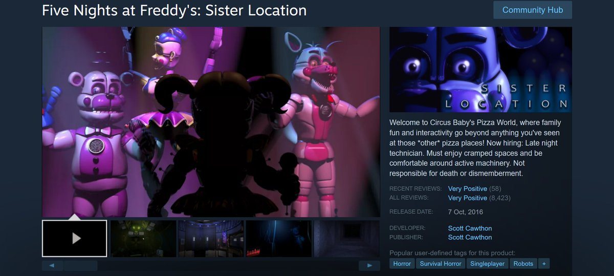 Five Nights at Freddy's: Sister Location releases on Steam

(October 7th 2022, today, 6 years ago.)