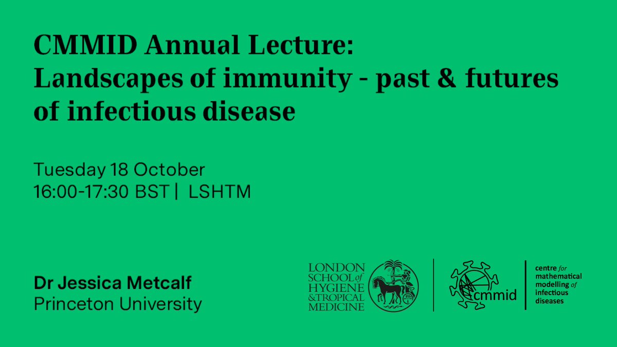 CMMID (@cmmid_lshtm) on Twitter photo One for your diaries!
Our Annual Lecture "Landscapes of immunity: past & futures of infectious disease" is next week!
🗣️ Dr Jessica Metcalf (<a href="/CJEMetcalf/">JessMet</a> | <a href="/Princeton/">Princeton University</a> | <a href="/PrincetonEnviro/">High Meadows Environmental Institute</a>)
📅 18 October
⏲️ 16:00-17:30 UK time
📍 Online (free & open)
🔗 bit.ly/3D58lwz One for your diaries!
Our Annual Lecture "Landscapes of immunity: past & futures of infectious disease" is next week!
🗣️ Dr Jessica Metcalf (<a href="/CJEMetcalf/">JessMet</a> | <a href="/Princeton/">Princeton University</a> | <a href="/PrincetonEnviro/">High Meadows Environmental Institute</a>)
📅 18 October
⏲️ 16:00-17:30 UK time
📍 Online (free & open)
🔗 bit.ly/3D58lwz