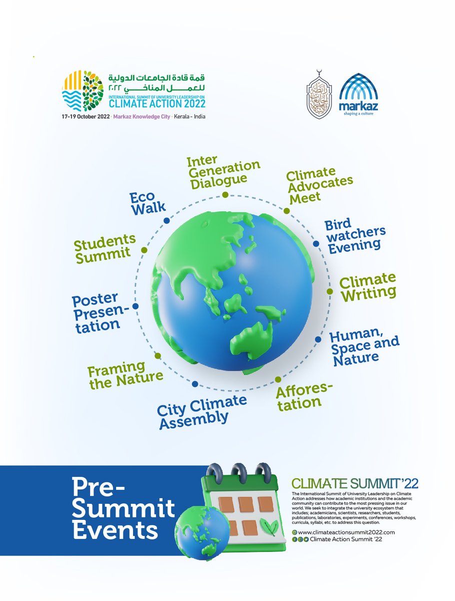 Climatesmt22's tweet photo. An array of pre- summit programmes are being organized by Markaz Knowledge City in order to warm up the scenes  prior to the commencement of the much acclaimed International Summit on Climate Action 2022.

#ActNow #globalsummit #ClimateSummit #climatechange #MarkazKnowledgeCity https://t.co/ZQC50ZP0qW