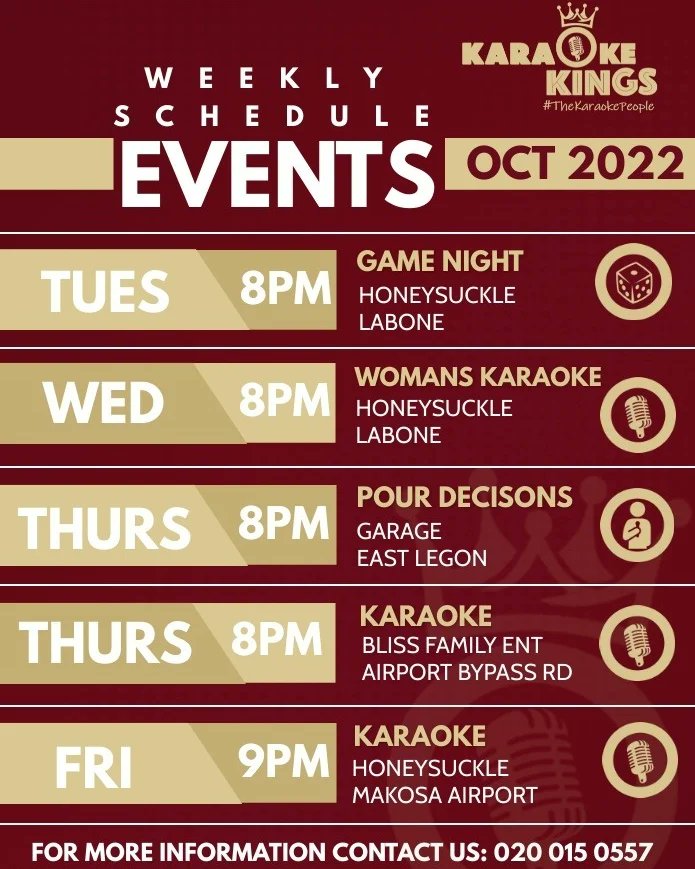 karaokekingsgh's tweet photo. Ever wanted to attend our weekly gigs?

👆check the location and time on our weekly schedule 

#karaokekingsgh 
#karaokequeens💁🎤 
#karaoke 
#singalong 
#Pourdecisions 
#Gamesnight 
#hosting 
#ghana 
#eventsghana https://t.co/76WNlPpQX6