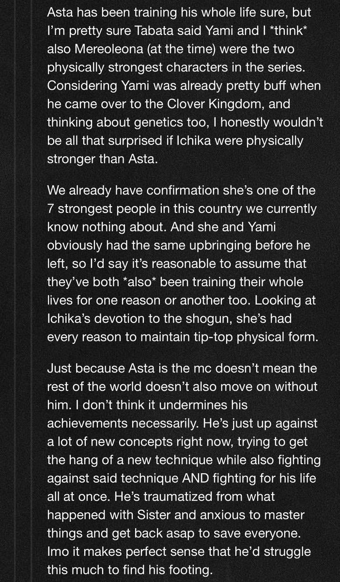 GalaxyDanGan's tweet photo. #BCSpoilers #BC340
I loved this fight. Saw a comment saying it doesn’t make sense why Ichika would be physically stronger and it feels like Tabata’s undermining Asta’s achievements.
I disagree; in fact, I think Yami’s been building up to it the whole time.
Here was my response: https://t.co/Y2mFvqNWmk