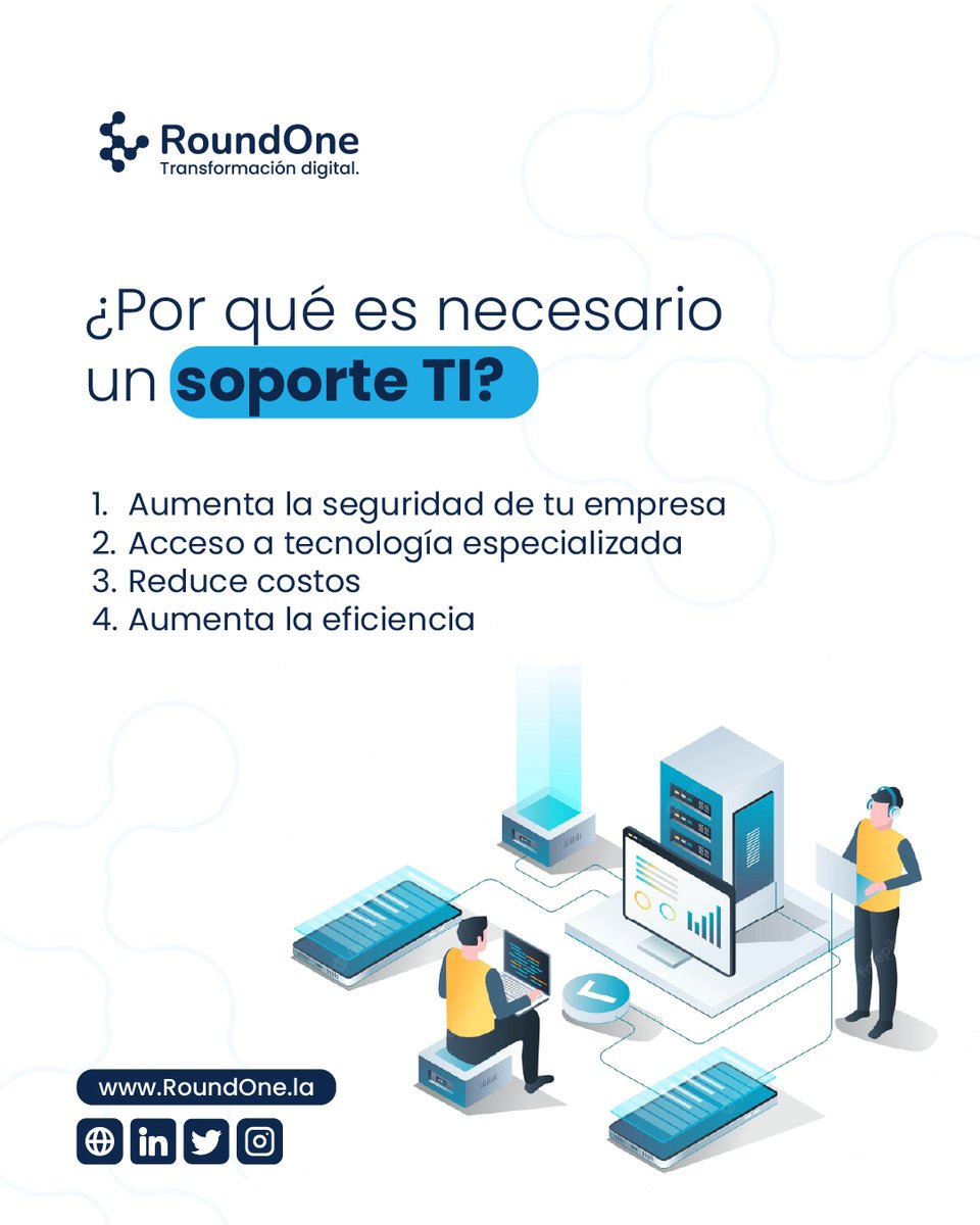 Para tener una empresa competitiva, es importante la presencia de un personal capacitado a cargo de la tecnología de tu empresa.
roundone.la
#transformaciondigital #software #serviciosdigitales #roundone #automatizacion