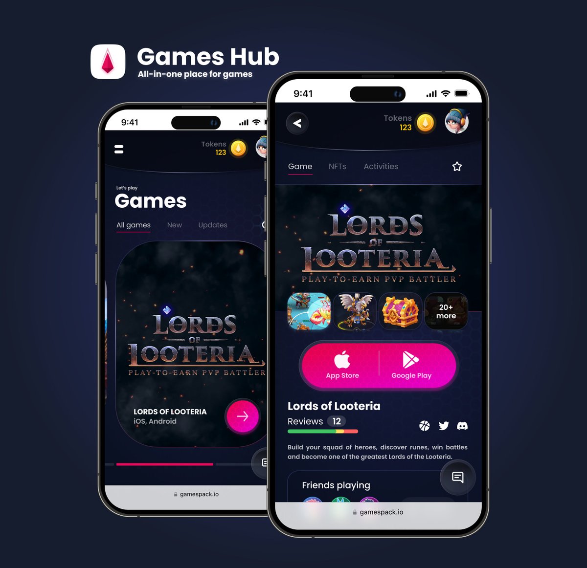 GamespackIO's tweet photo. Here’s the first look at the Games Hub web app. It’s mobile-first, gamers’ friendly, gamified and full of great web3 gaming stuff!  More screens in our latest devlog 
https://t.co/knmghWiKL7
#GameFi #Web3 #Metaverse #near #NEARnft #gaming https://t.co/XkIMMXSdSG
