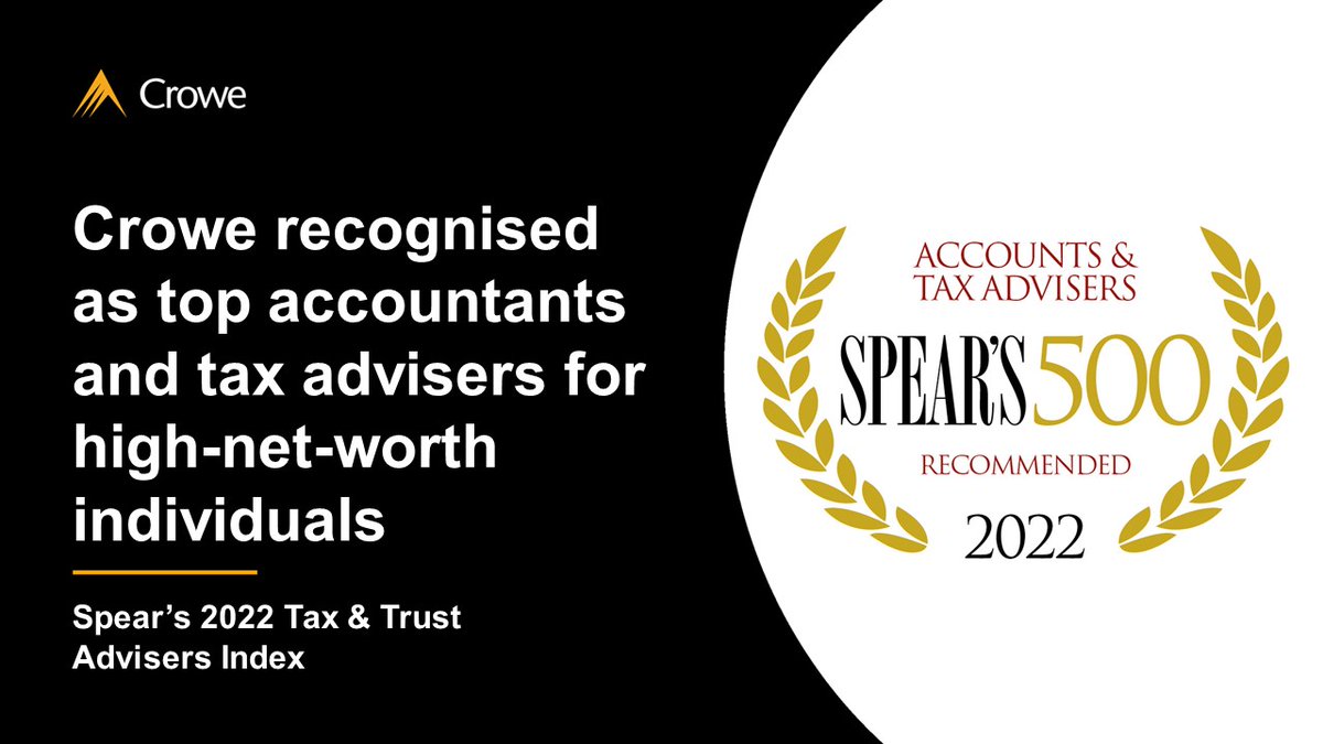 CroweUK's tweet photo. We are delighted that four partners in our #PrivateClients team have been recognised in the 
@SpearsMagazine 2022 #Tax &amp; #Trust Advisers Index as one of the best accountants and tax advisors for high-net-worth individuals: https://t.co/FDYVvIOb1n https://t.co/Ma1L4KRj6k