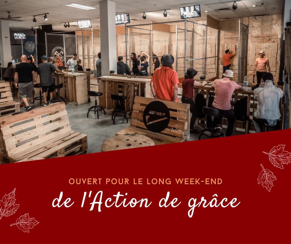 Le long week-end de l'Action de grâce est à nos portes 🍂✨

C'est l'occasion idéale de profiter des activités en famille (comme aller lancer des haches 🙃)

Il nous fera plaisir de vous accueillir ce long week-end dont le lundi 10 octobre (12h-20h) ✅

🪓 rageaxethrowing.com