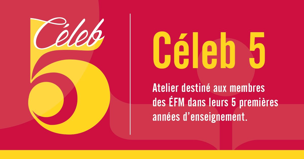Le Céleb 5 est un événement de perfectionnement professionnel qui aura lieu les 28 et 29 octobre. 
Venez rencontrer d'autres nouveaux enseignants et découvrir les services offerts par les ÉFM et la MTS. 
efm-mts.org/celeb-5-new-te…