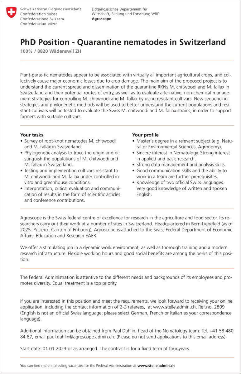 📣 PhD position to study the quarantine root-knot #nematodes Meloidogyne chitwoodi and M. fallax at @Agroscope, under the supervision of Dr. Paul Dahlin 📍 Wädenswil, Zürich, Switzerland🇨🇭 📥 Apply through the link below jobs.admin.ch/postes-vacants…