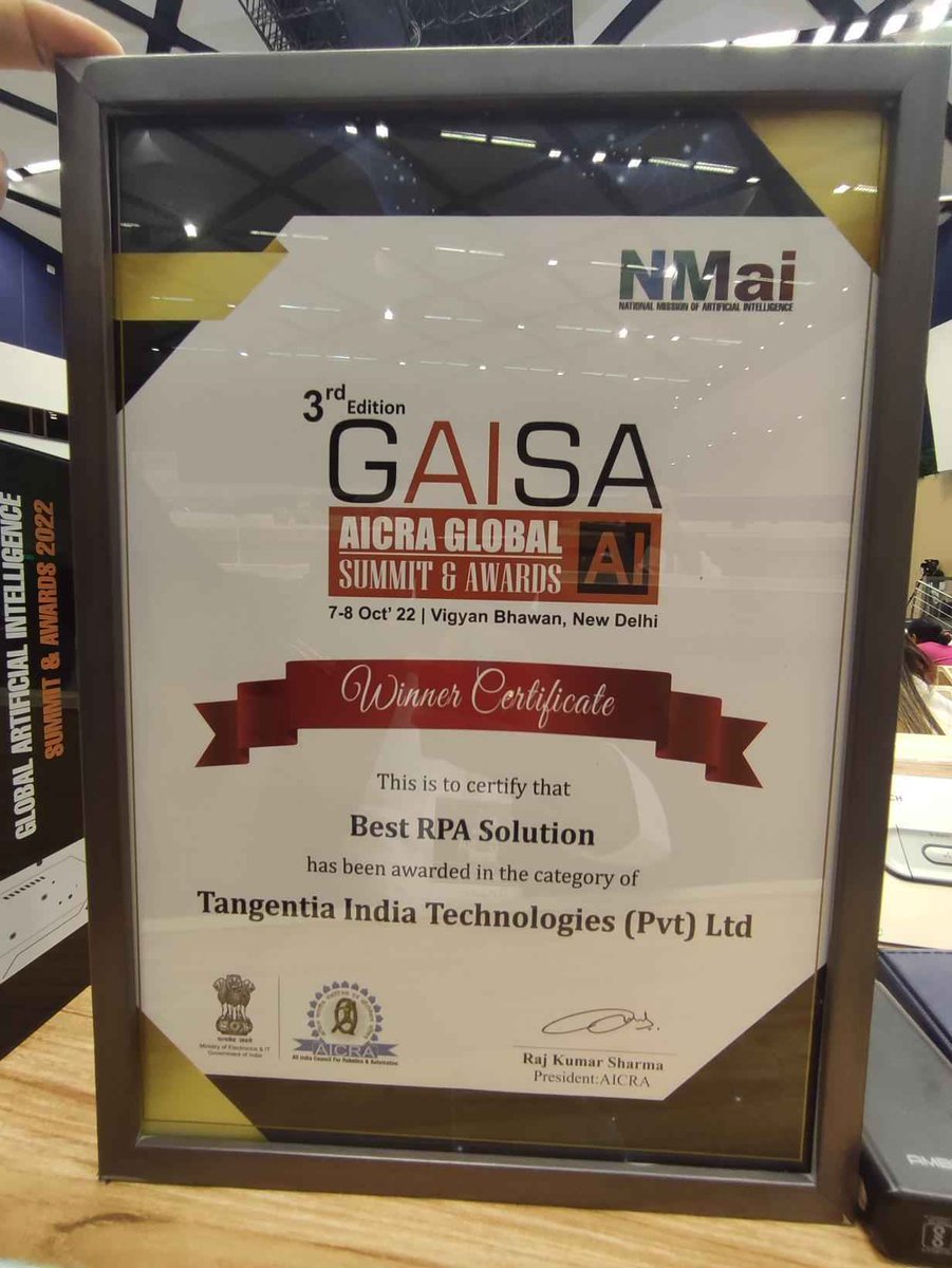 TangentiaInc's tweet photo. #Tangentia won Best #RPA Solutions at the third edition of #GAISA-Global Artificial Intelligence Summit, focused on the prominence of #AI in human lives & business industries where
We are proud of our team and elated to have received this award.
#award #thefutureisautonomous https://t.co/OvugfRu0DA