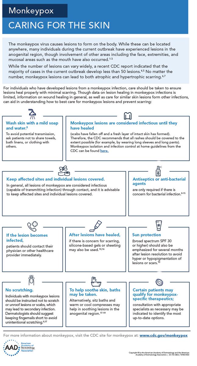 DrEstherFreeman's tweet photo. New - caring for skin during #monkeypox. In collaboration with @CDCgov, we @AADskin have released healthcare-provider facing guidance on skin care and scar reduction. Available here: https://t.co/hrrtWQq5KD  
#dermtwitter #IDTwitter 
@misharosenbach @DrKlintPeebles https://t.co/LXfKpQKXqf
