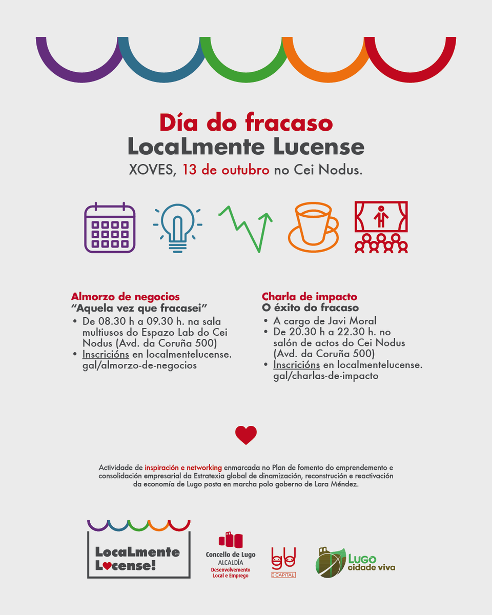 desenvolvelugo's tweet photo. 🚀↘↗ O movemento #LocalmenteLucense achega dúas propostas para axudar a xestionar o fracaso empresarial 

🗓 XOVES, 13 de outubro, #DíaFracaso :
📌 #CeiNodus

☕ ALMORZO DE NEGOCIOS
📋 https://t.co/ogHv6hRLGn
🗣️ CHARLA DE IMPACTO "O éxito do fracaso"
📋 https://t.co/eos7taVE1B https://t.co/sgppuDovwV