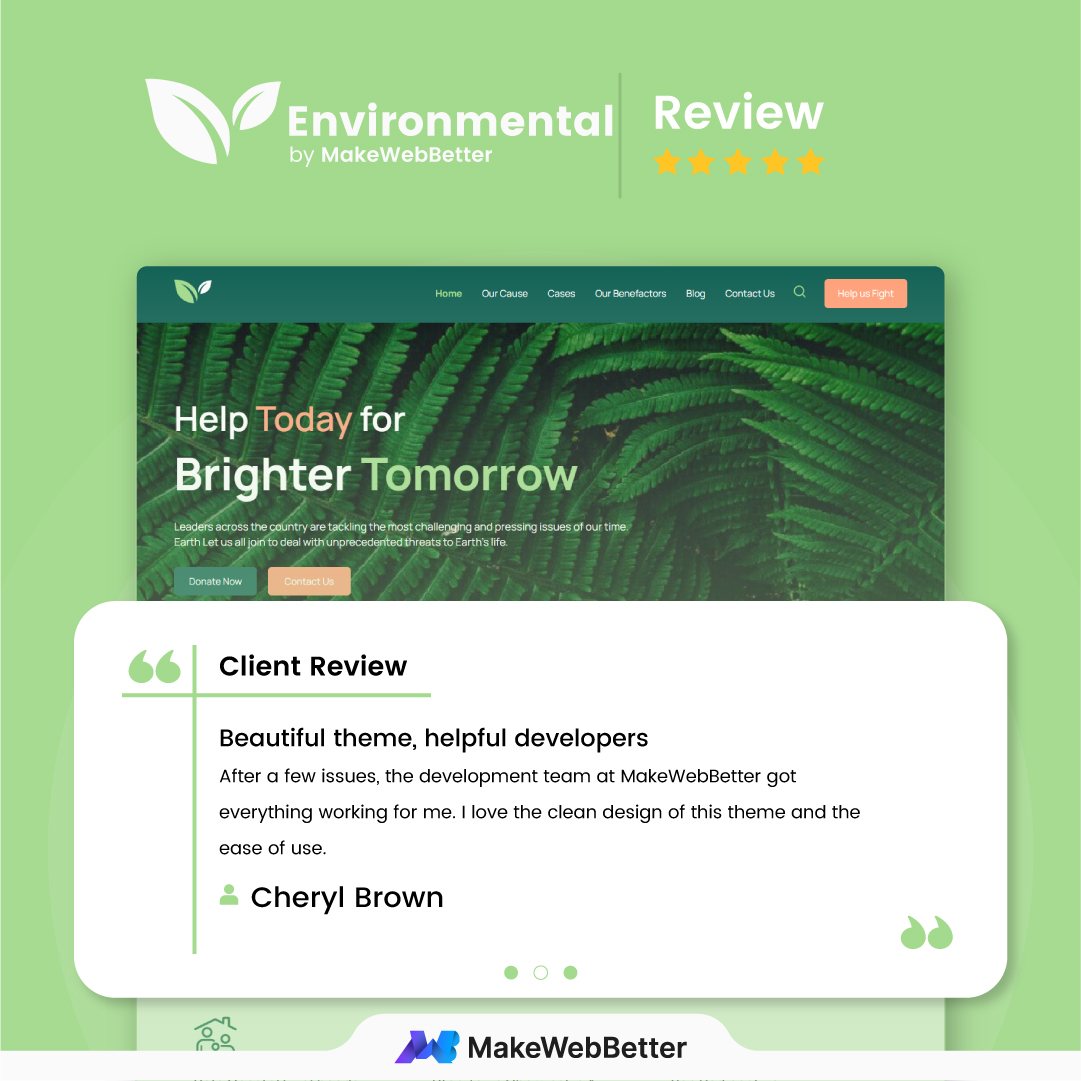 makewebbetter's tweet image. Thank you Cheryl Brown for your valuable feedback.

We are thrilled that the Environmental theme suits your needs. We take great pride in our work. Your feedback has demonstrated that it does, and we appreciate you letting us know.

#hubspot  #hubspottheme  #review #MakeWebBetter