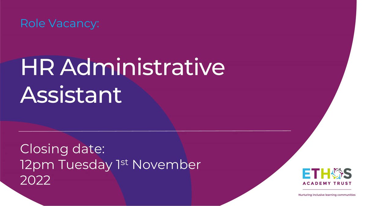 EthosAcadTrust's tweet photo. We're recruiting!

We have a vacancy at Evolve Academy for a dedicated HR Administrative Assistant.

Apply now!

🔗 https://t.co/n6Tb2jV5L1 

📆 Closing date: Tuesday 1 November 2022 at 12pm https://t.co/NZPojaOj4L