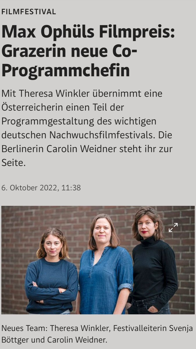 💐 Herzlichen Glückwunsch Theresa Winkler &amp; Carolin Weidner, die hinkünftig das Programm des <a href="/MaxOphuelsPreis/">Max-Ophüls-Preis</a> verantworten werden!
Danke, dass wir bei der <a href="/Diagonale_at/">Diagonale</a>  jahrelang mit Euch zusammenarbeiten durften: bit.ly/3SJ3kyL