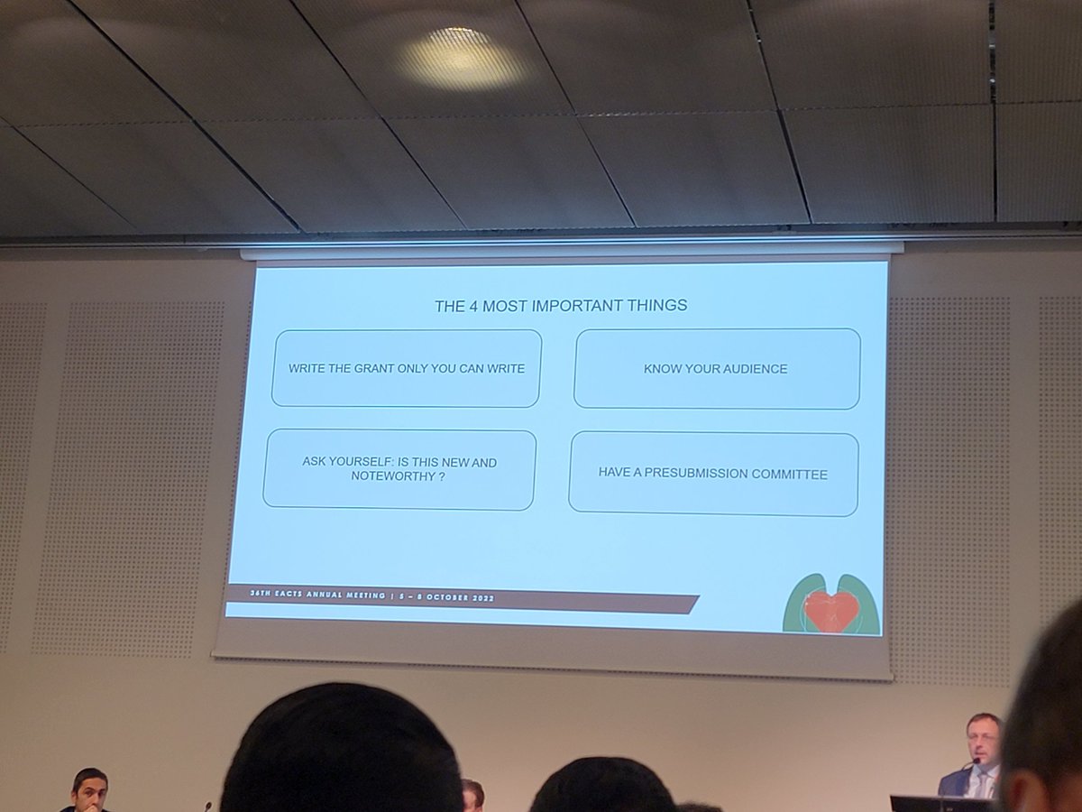 Dominique Vervoort (@dvervoort94) on Twitter photo "Impact & Innovation!"
Dr. <a href="/ferrag02/">Giovanni Ferrari PhD</a> highlights key components to competitive grant applications:
✍️ Write daily: sloppy writing = sloppy science
📝 Tell the story ONLY YOU can tell
1️⃣ Only one chance for first impression
🚫 DO NOT rush/skim
✅️ DO collaborate
#EACTS2022 "Impact & Innovation!"
Dr. <a href="/ferrag02/">Giovanni Ferrari PhD</a> highlights key components to competitive grant applications:
✍️ Write daily: sloppy writing = sloppy science
📝 Tell the story ONLY YOU can tell
1️⃣ Only one chance for first impression
🚫 DO NOT rush/skim
✅️ DO collaborate
#EACTS2022