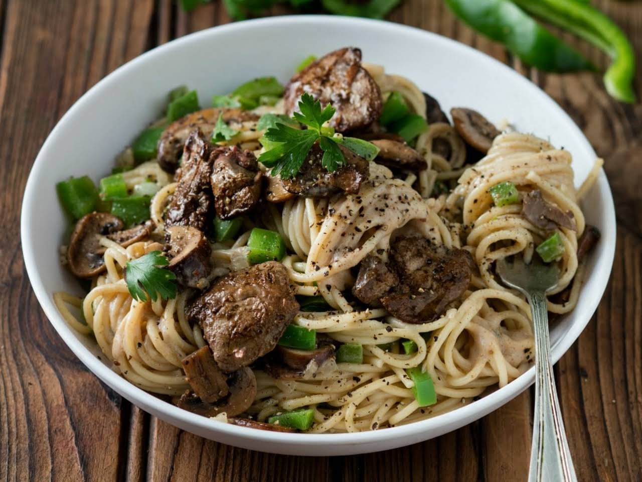 Макароны с печенкой