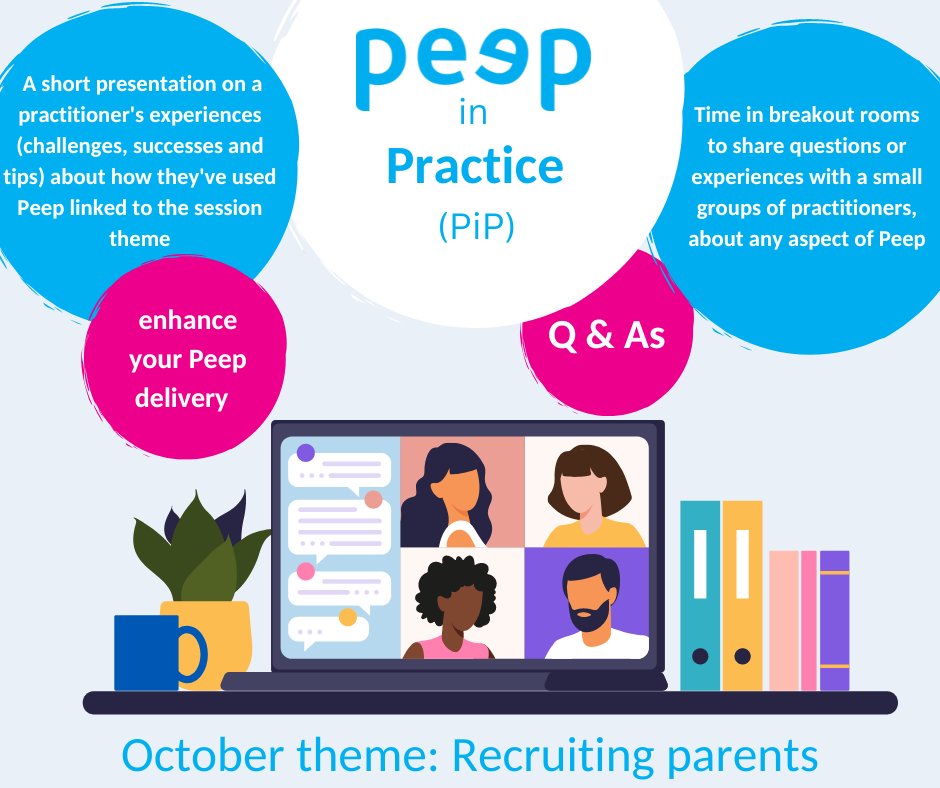 PeepleCentre's tweet image. Peep in Practice (PiP): A monthly hour-long opportunity to catch up online with other Peep practitioners &amp;amp; enhance your Peep delivery. This month's theme is recruiting parents. Log into the member's area and sign up via the PiP page: peeple.org.uk/peep-in-practi… #deliverysupport #pip