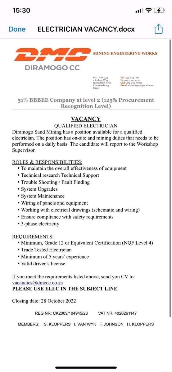 DIRAMOGO CC #Postmansburg 

POSITION
☆Semi-Skilled Electrician 
☆Qualified Electrician 

Closing date: 28/10/2022
Email: vacancies@dmcc.co.za