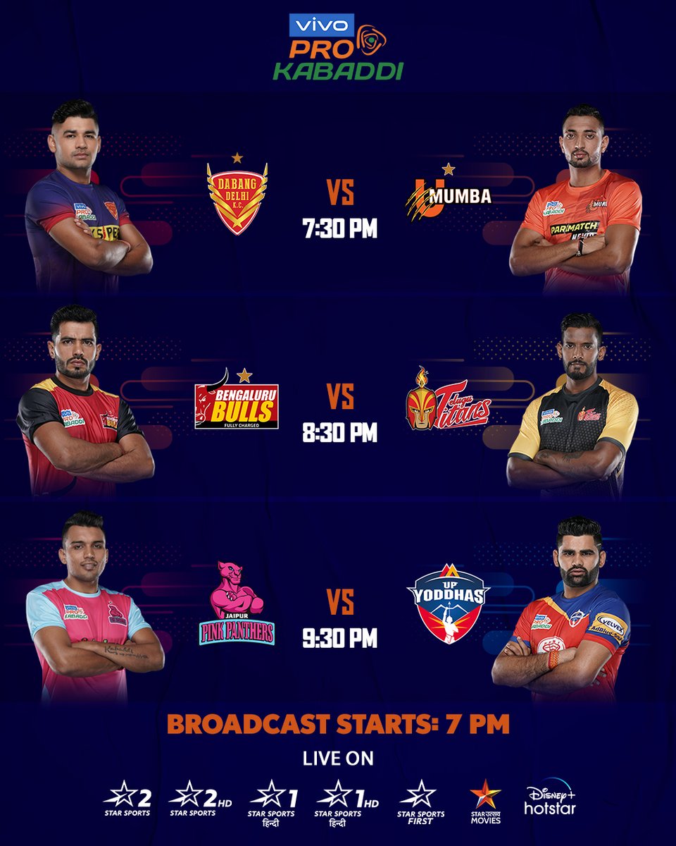 StarSportsIndia's tweet photo. तीन जबरदस्त 💥 घमासान के साथ शुरु होगा #vivoProKabaddi Season 9! 🤩
कौन सी टीम जीत के साथ करेगी सीजन का आगाज ? #LePanga
#BhidegaTohBadhega #LePanga #DELvMUM #BENvHYD #JAIvUP https://t.co/SyMcfa9lTO