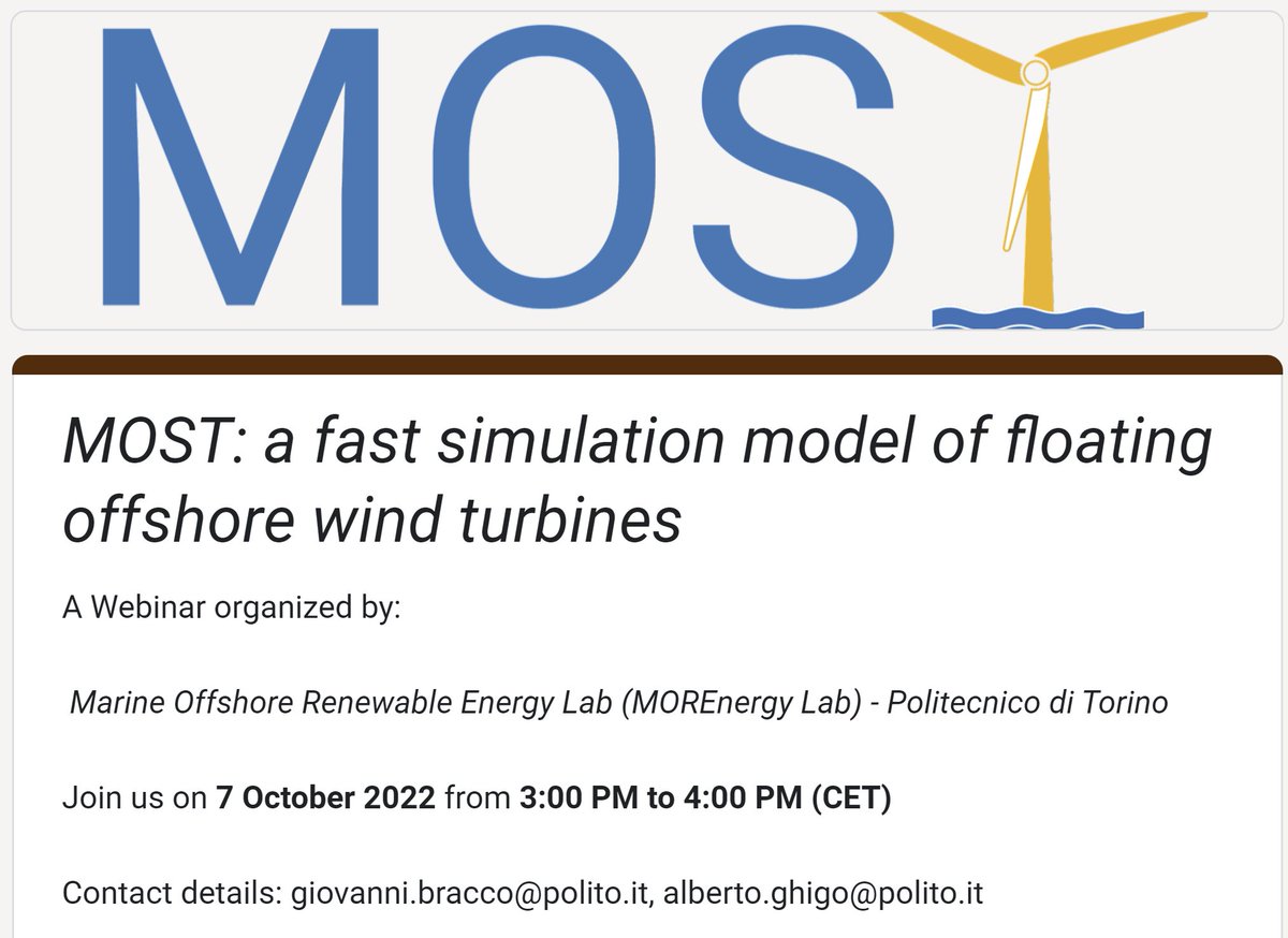 Today, from 3:00 – 4:00 PM (CET), we invite you to the webinar of #MOST (Matlab for Offshore wind turbine Simulation Tool): an open-access non-linear, time domain numerical model in Matlab-Simulink environment.
Register at the following link: lnkd.in/dj7ZNyTc