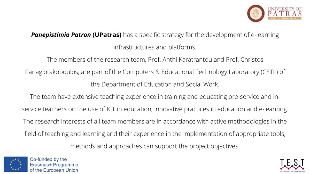 TESTerasmusplus's tweet photo. 📌 Here's another Project T.E.S.T. partner: meet UPatras! 

#Erasmusplus #Erasmus #ProjectTest #agenzianazionale https://t.co/XGhBceL9HP