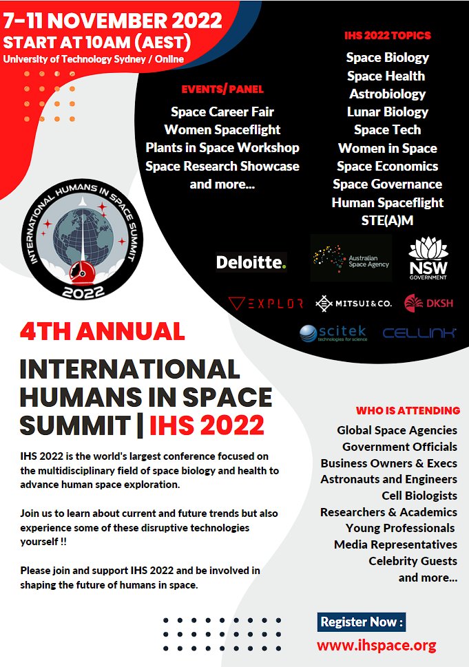 Registration is open for the International Humans in Space Summit 2022 (hybrid, 7-11 November), and the final call for virtual speaker proposals/panellists closes soon on October 11th. form.jotform.com/222337708945867

In-person attendance A$40/$20 students, virtual A$20/$10 for students.