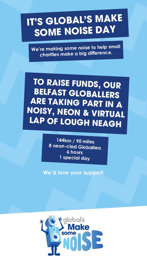 GlobalNIreland's tweet photo. Today is @Global’s #MakeSomeNoiseDay 💙and we’re taking part in a noisy, neon &amp; virtual cycle around #LoughNeagh 🚲 to help small charities make a big difference 🫶👏

We’d love your support. Donate here 👉  https://t.co/a66STyYBCr

#MakeSomeNoise https://t.co/mgN0cqPkI9