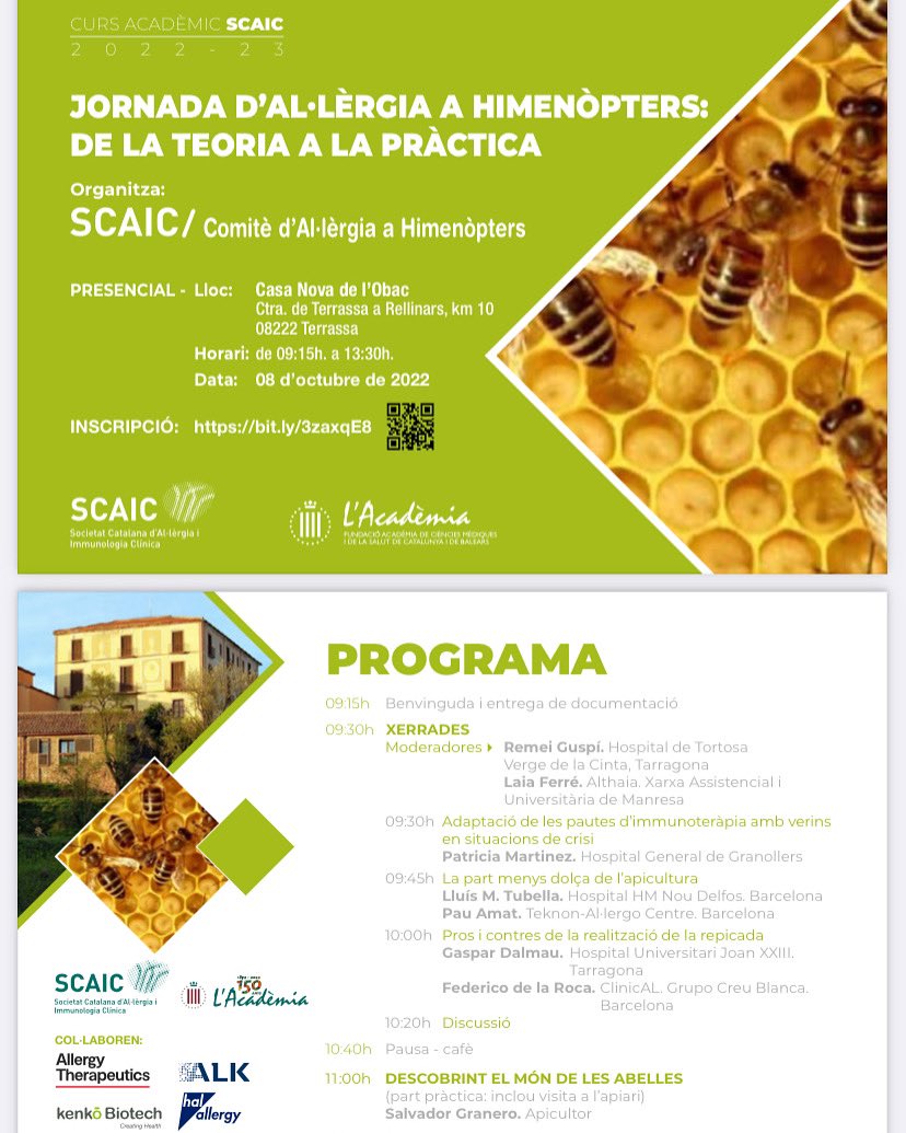 Jornada teòric/practica on treballerem fins acabar obtenint la mel
A més a més, hem escollit tres temes d'actualitat per debatre entre tots i que creiem seran del vostre interès #tallerhimenopters22

#al·lergòlegs, #residents #infermeres  de #al·lergologia 
🐝🐝🐝🐝 🍯🍯🍯🍯🍯🍯