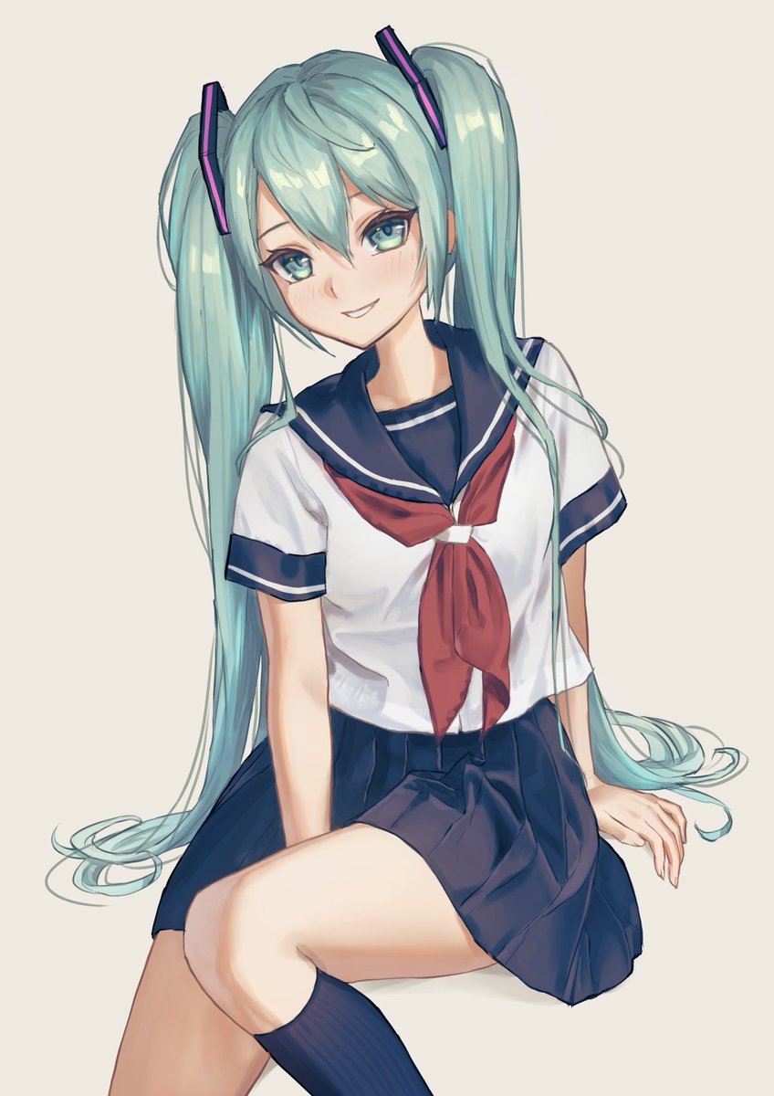 hatsune miku 1girl solo long hair skirt twintails school uniform sitting  illustration images