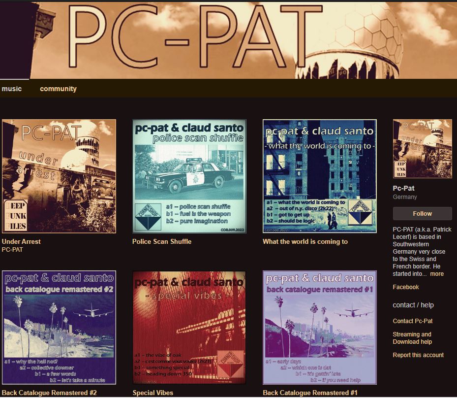 Today is Bandcamp friday. 
isitbandcampfriday.com
Check out Pc-Pats' latest releases and freshly remastered back catalogue tracks right here:
pcpat.bandcamp.com/music