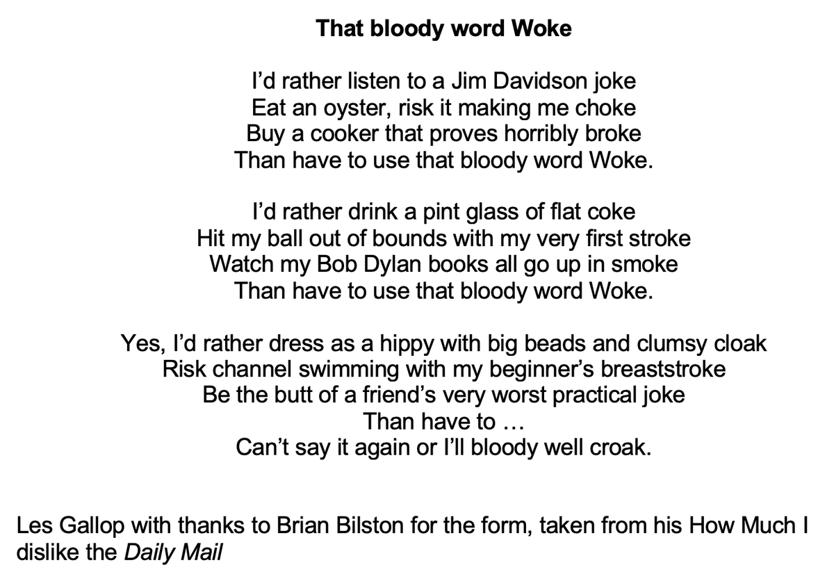 dylan1ralph's tweet photo. @brian_bilston 
A reply to Suella Braverman and her friends at the Daily Mail who get upset by 'wokery'. The form is of course rather nicked from the BB poem about that newspaper. https://t.co/SDFjJrT9fP