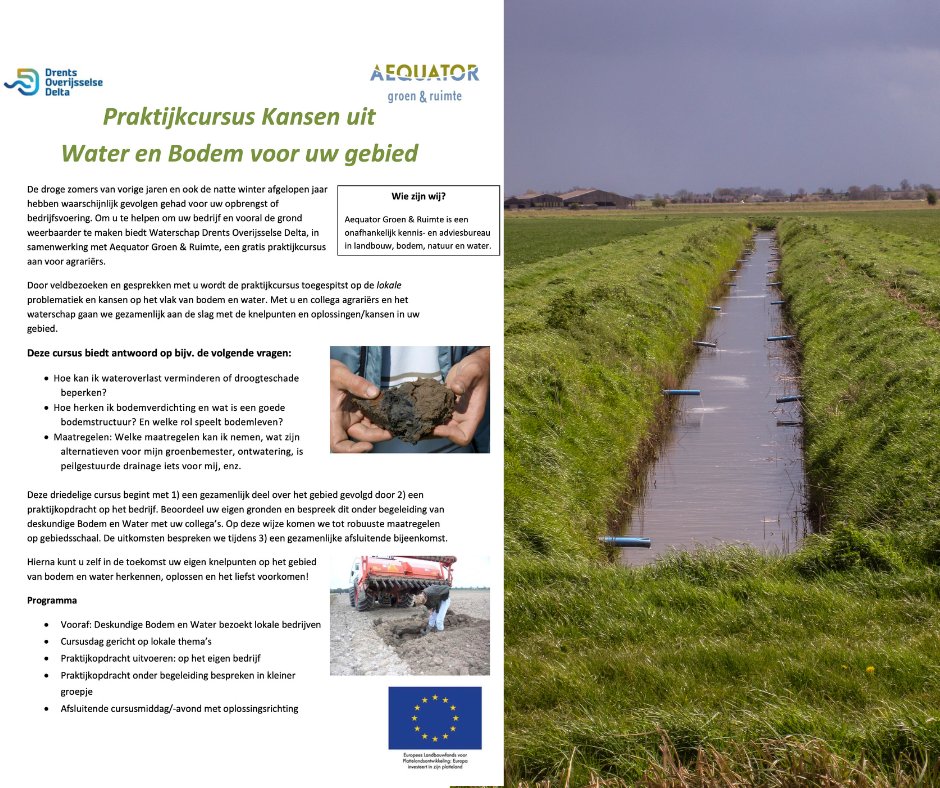 De invloed van bodem en water wordt alleen maar groter. Daarom biedt <a href="/WDODelta/">Waterschap Drents Overijsselse Delta</a> een gratis praktijkcursus aan voor agrariërs. 
📍 Heeten
🗓 26 oktober
👉🏼 Aanmelden: stuur een mail naar aequator@aequator.nl
Samen met <a href="/AequatorGenR/">Aequator GenR</a> wordt toegespitst op de omstandigheden rond Heeten.