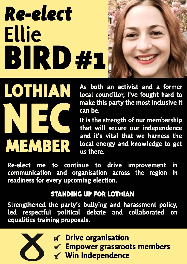 EllieOiseaux's tweet photo. Heading to @theSNP conference this weekend? Polls for internal elections open at 10.30am tomorrow and I hope you’ll consider giving me your top preference as Lothian regional rep on the NEC 🗳

If you have any questions for me, please reach out on here!

Vote Ellie Bird #1
#SNP22 https://t.co/mpre703Bwq