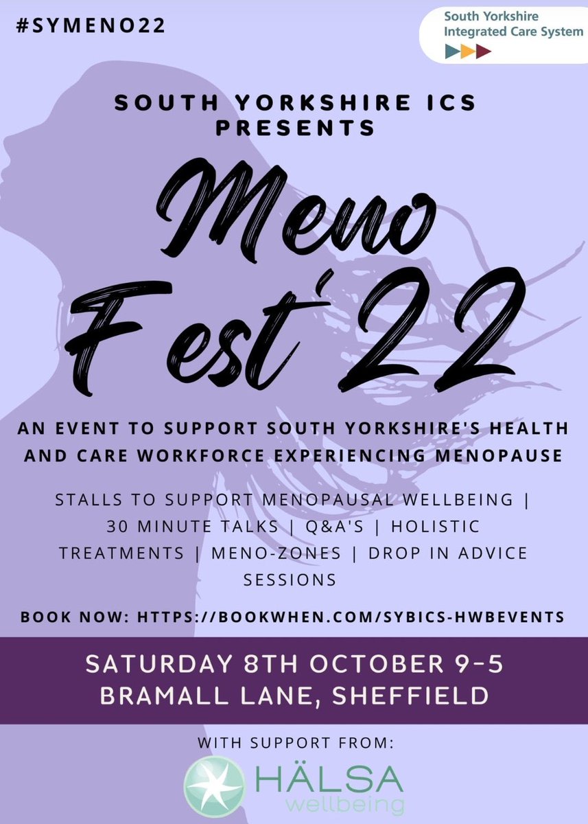 The Health and Wellbeing team are looking forward to holding our South Yorkshire ICS Menopause Festival tomorrow! 

If anybody is still wanting to book on to the event, please email us at syicb-sheffield.hwb@nhs.net 😊

<a href="/NHSSYICB/">NHS South Yorkshire</a> <a href="/SYhealthcare/">South Yorkshire Integrated Care System</a> <a href="/HWB_Brigitte/">Brigitte Kaviani 💔</a> <a href="/annewillis2001/">Anne Raw (She/Her)</a>