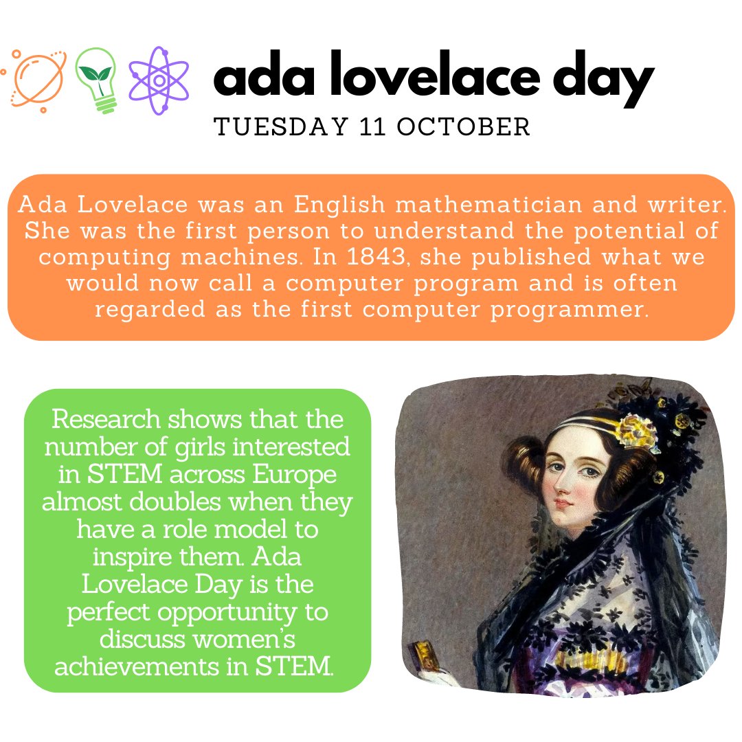 Today is Ada Lovelace Day!

Ada Lovelace Day is an international celebration of the achievements of women in STEM which aims to encourage more girls into STEM careers.

Find out more and listen to lots of female role models in STEM: buff.ly/3RHbl5N