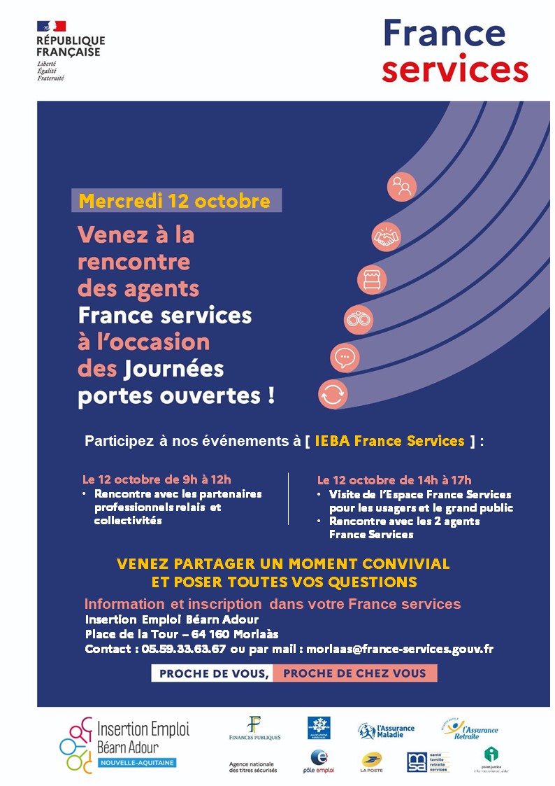 [#franceservices]
Insertion Emploi Béarn Adour porte le dispositif France Service sur le secteur de #morlaàs. 
RDV le 12 octobre dès 14h pour notre Journée Porte Ouverte. Nos agents Pauline et Anne seront ravies de vous accueillir pour vous présenter toute l'offre de service.