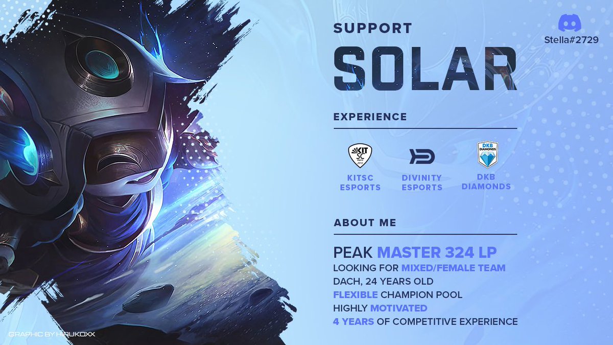 soIarlol's tweet image. Due to an unfortunate series of events with @DKBDiamonds i’m still looking for last minute options to compete in the upcoming split. 
(open for substitute positions aswell)

Scrim/official PoV VODs available on request

LFT graphic ➡️ @Hirukoxx1 ❤️