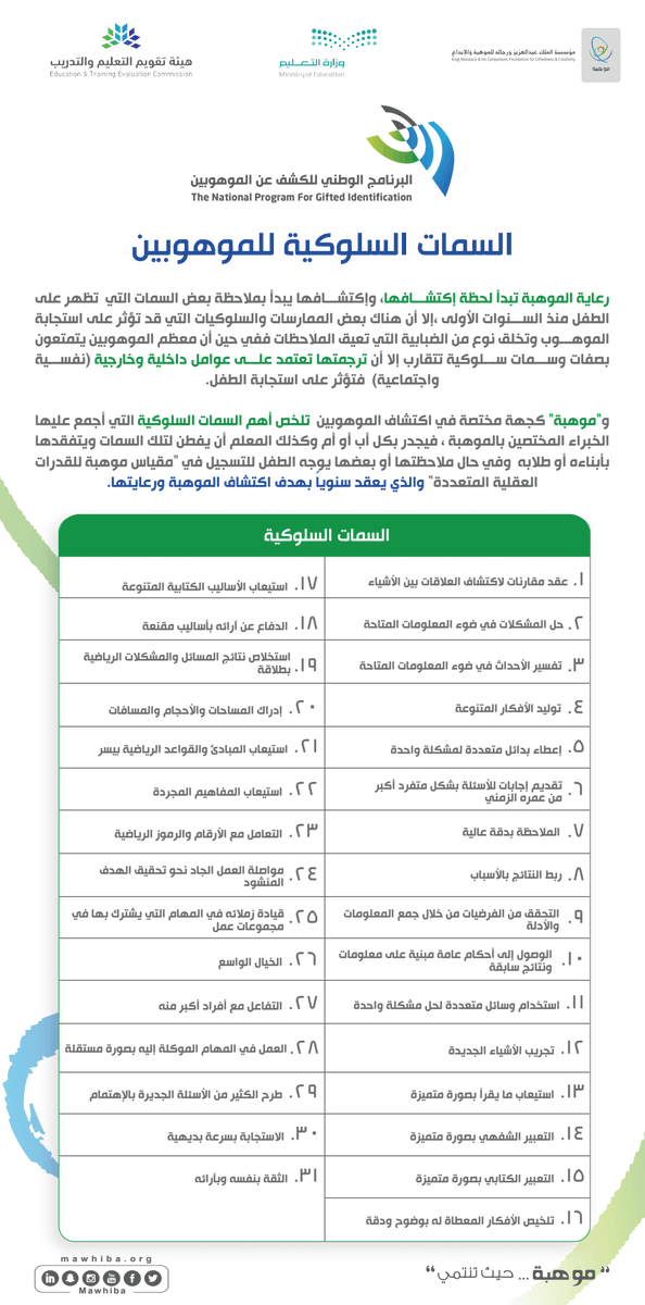 mawhiba's tweet photo. هل ابنك/طالبك موهوب؟

اكتشف ذلك من خلال #مقياس_موهبة_للقدرات_العقلية_المتعددة .. إحدى أدوات اكتشاف الموهبة.

سجله الآن في #البرنامج_الوطني_للكشف_عن_الموهوبين
https://t.co/ewNoqEFwOg https://t.co/UGmLjkxKck