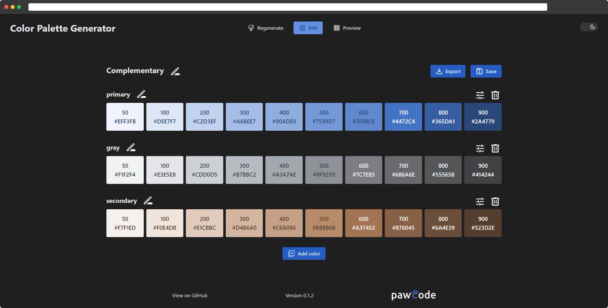pawcode's tweet photo. Der #ColorPaletteGenerator hat ein komplett neues Design spendiert bekommen. Außerdem könnt ihr ab sofort eure ganz eigene Farbpalette aus nur einer Farbe generieren lassen.
Probiert es gerne aus und gebt mir euer Feedback!
Danke an @sampeniak für die Design Ideen! https://t.co/J78z0rFoIh