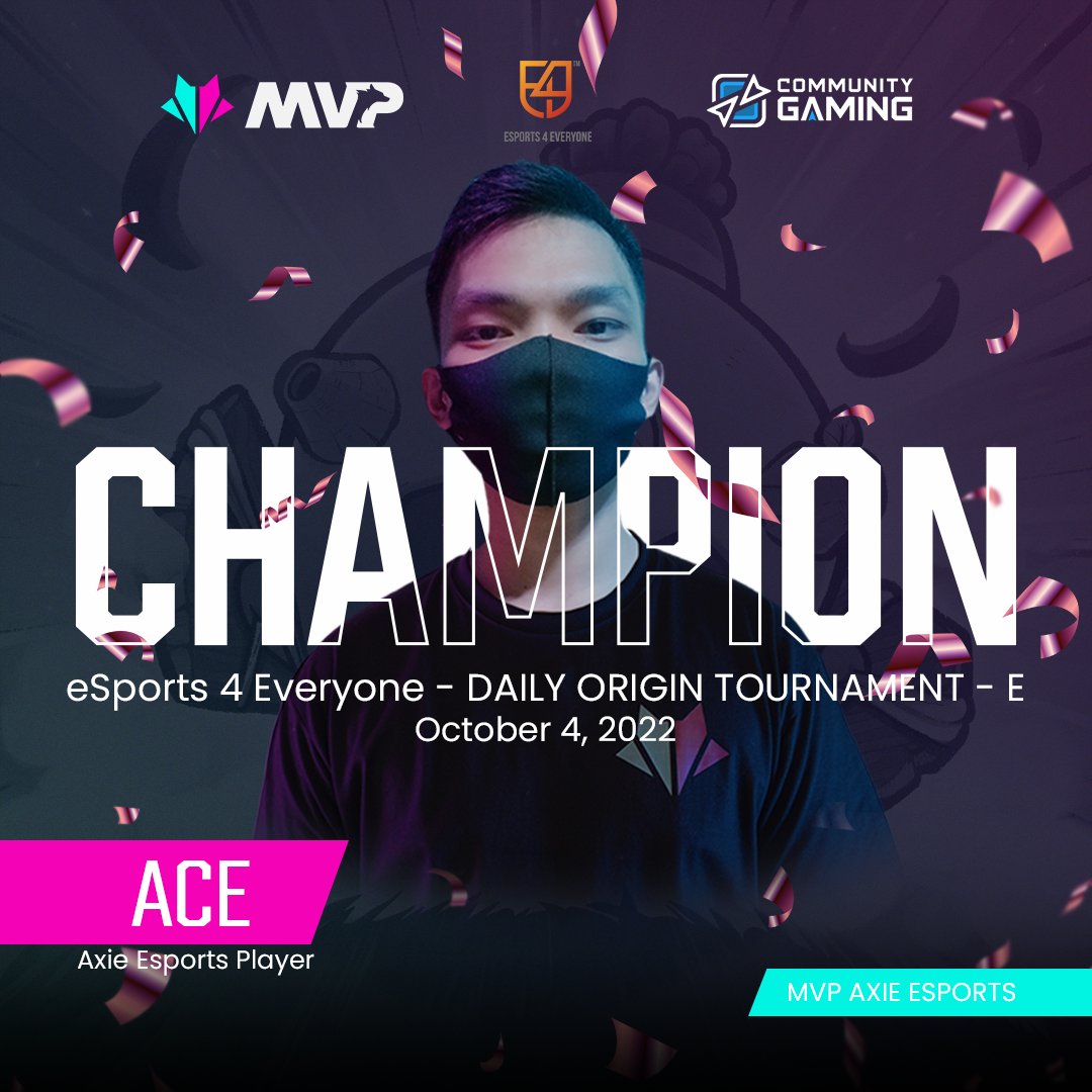 mvpesportsph's tweet photo. Well done ACE! He bagged another championship title in eSports 4 Everyone - DAILY ORIGIN TOURNAMENT - E. 

We’re glad to see you rise to the top! 

#MVPGuild #mvpaxieesports #AxieInfinity https://t.co/E2W65Fsl3y