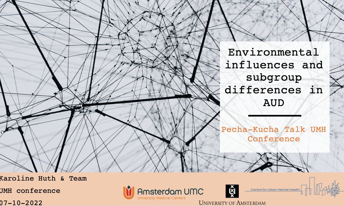 Next up we have <a href="/karoline_huth/">Karoline Huth</a> from <a href="/UMH_UvA/">The Centre for Urban Mental Health</a> "Environmental influences &amp; subgroup differences in alcohol use disorder &amp; depression" 

This work focuses particularly on ethnic &amp; socioeconomic factors #ICoUMH