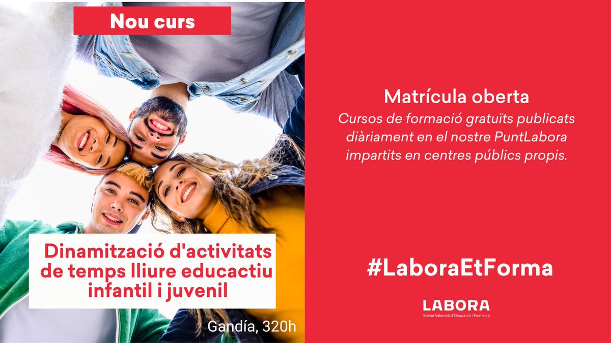 GVAlabora's tweet photo. 🚨 NOU CURS a #Gandia
MATRÍCULA OBERTA ‼️
🤸🏻♀️⛹️🏻DINAMITZACIÓ D'ACTIVITATS DE TEMPS LLIURE EDUCATIU INFANTIL I JUVENIL
➡️https://t.co/uDjg8ETid4 👩🏻💻Inscriu-te‼️
📜#Certificatdeprofessionalitat
🏢Cursos Gratuïts en els nostres centres públics #LaboraFormació
#LaboraEtForma #SomLabora https://t.co/svwd8Qv5Z0