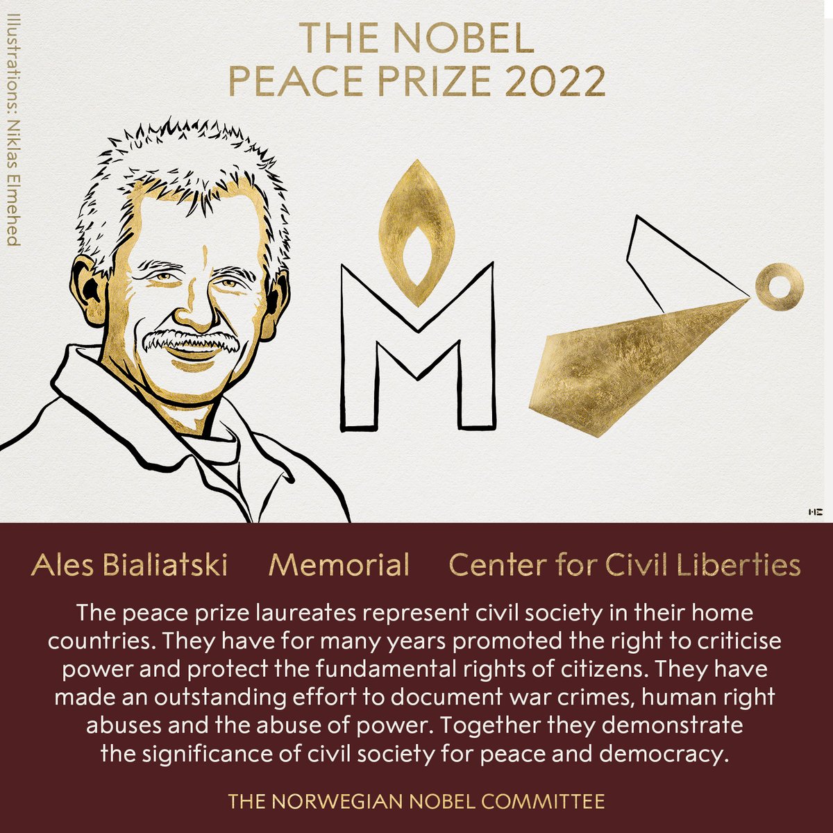 BREAKING NEWS: The Norwegian Nobel Committee has decided to award the 2022 #NobelPeacePrize to human rights advocate Ales Bialiatski from Belarus, the Russian human rights organisation Memorial and the Ukrainian human rights organisation Center for Civil Liberties. #NobelPrize