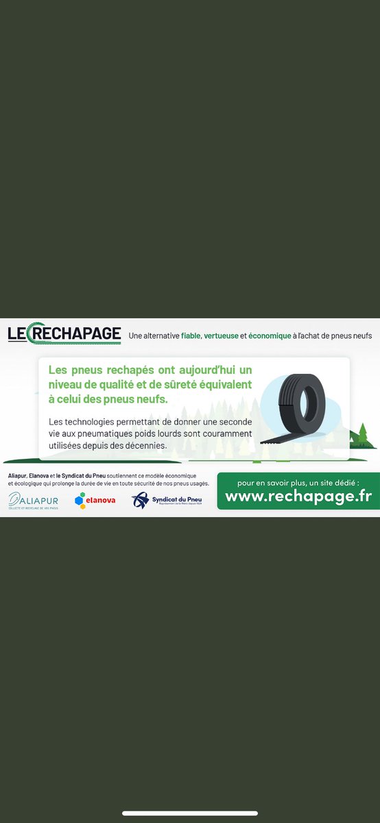 Optez pour le #rechapage elle garantit une seconde vie aux pneus poids lourd🚛

Une qualité et une sûreté équivalent à un pneu neuf 🛞

Alors faites comme #Elanova, #Aliapur, #Syndicatdupneu soutenez ce modèle économique et écologique qui prolonge la durée de vie de vos pneus🍃