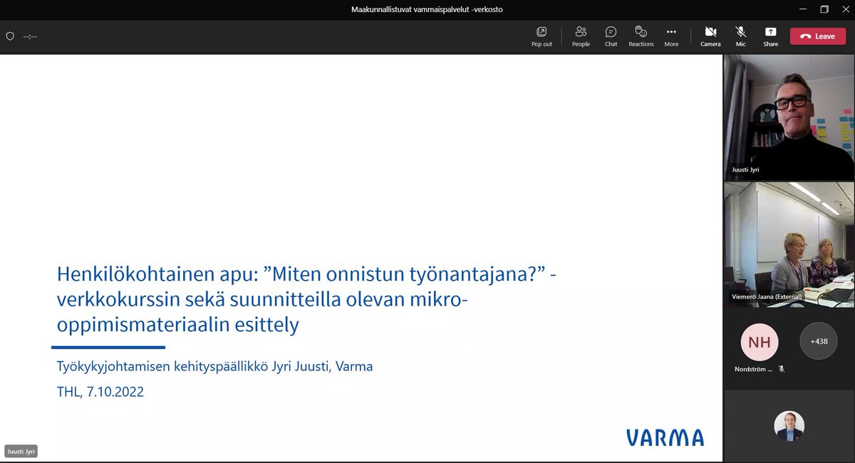 Kollegani <a href="/JyriJuusti/">Jyri Juusti</a> oli THL:n maakunnallistuvat vammaispalvelut -verkostossa esittelemässä <a href="/varma_tweet/">Työeläkeyhtiö Varma</a> #henkilökohtainenapu verkkokurssi ja muuta materiaalia sadoille asiantuntijoille.